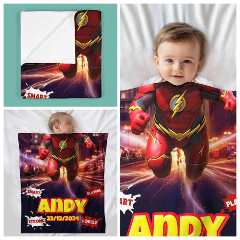 Personalized Baby Superhero Blanket – The Flash Style with Custom Name & Birthday